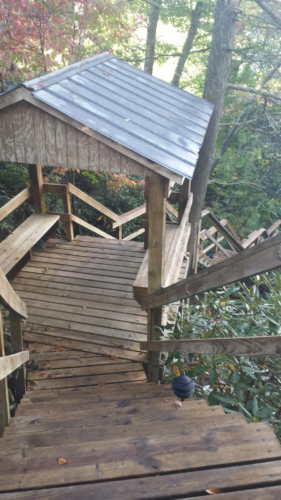Metal roofed shelter over wooden steps on a wooded walkway — Skylight Repair & Installation work by our crew in Montevideo